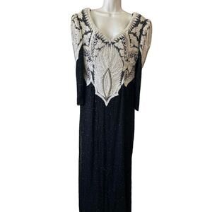 Clianna Beaded Evening Dress White Blk & Silver beads Long Women SZ M